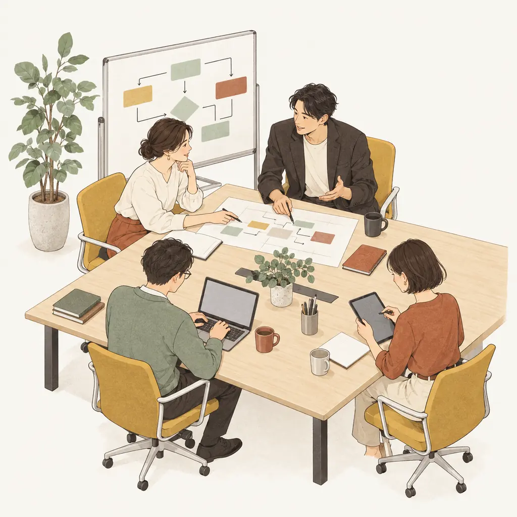 お客様とPM、エンジニアが一つのオフィスで相談し、仕組みづくりに取り組むイラスト